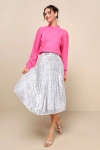 Lulus Glamorous Occasion Silver Sequin Pleated Midi Skirt In Silver