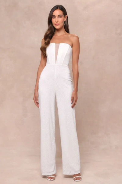 Lulus Glamorous Spirit White Sequin Strapless Bustier Jumpsuit