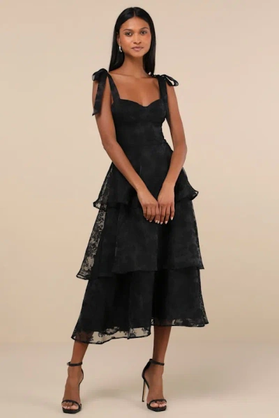Lulus Glamorous Sweetie Black Burnout Tie-strap Bustier Midi Dress