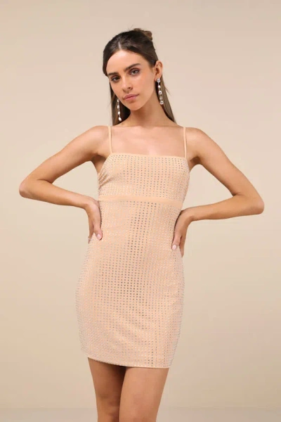 Lulus Glamorous Take Beige Rhinestone Lace-up Bodycon Mini Dress