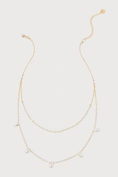 Lulus Glamour Pearl Gold Layered Beaded Necklace
