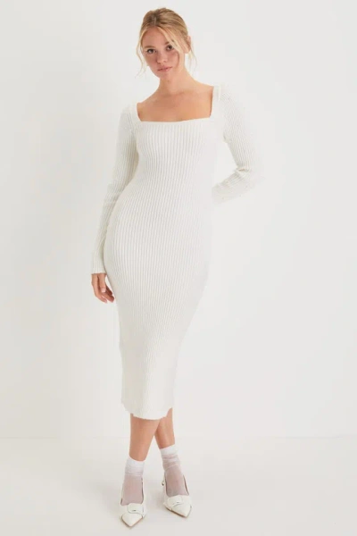 Lulus Gleaming Babe White Ribbed Knit Pearl Midi Sweater Dress
