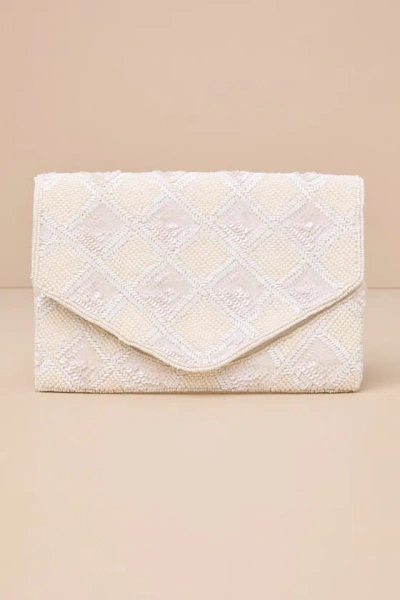 Lulus Gleaming Beauty Ivory Sequin Pearl Envelope Clutch In White