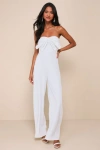 Lulus Gleaming Delight White Strapless Pearl Bow Wide-leg Jumpsuit In White