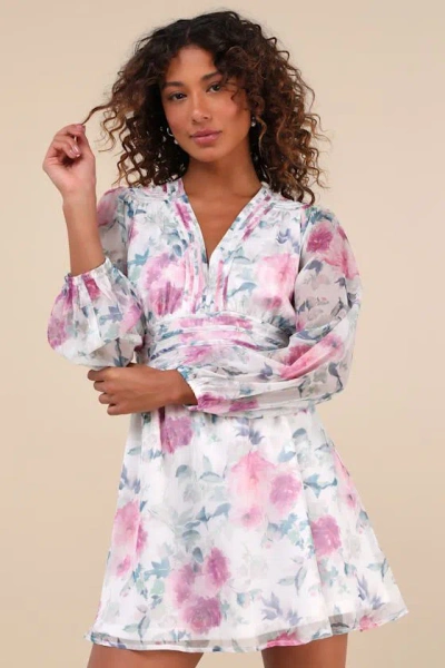 Lulus Gleaming Garden White Floral Print Long Sleeve Mini Dress