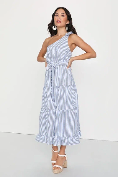 Lulus Gleeful Getaway Blue And White Striped One-shoulder Midi Dress