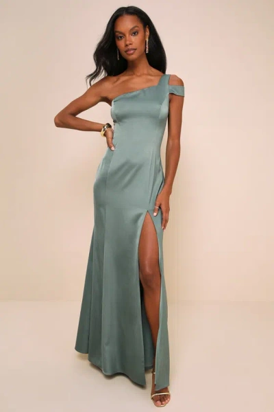 Lulus Gliding Beauty Sage Green Satin One-shoulder Cutout Maxi Dress