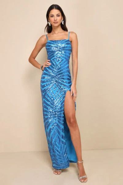 Lulus Glimmering Beauty Blue Sequin Sleeveless Column Maxi Dress