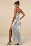 LULUS GLIMMERING BEAUTY SILVER SEQUIN SLEEVELESS COLUMN MAXI DRESS