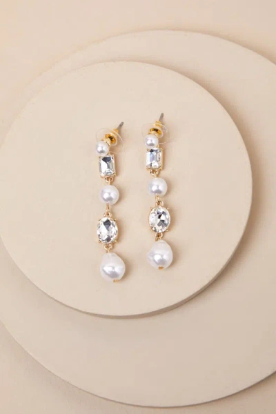 Lulus Glistening Addition Gold Pearl And Rhinestone Drop Earrings