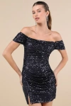 Lulus Glittering Attitude Navy Blue Sequin Off-the-shoulder Mini Dress In Navy Blue