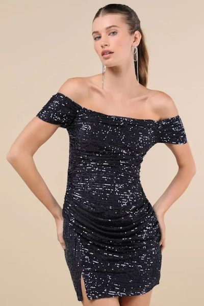 Lulus Glittering Attitude Navy Blue Sequin Off-the-shoulder Mini Dress