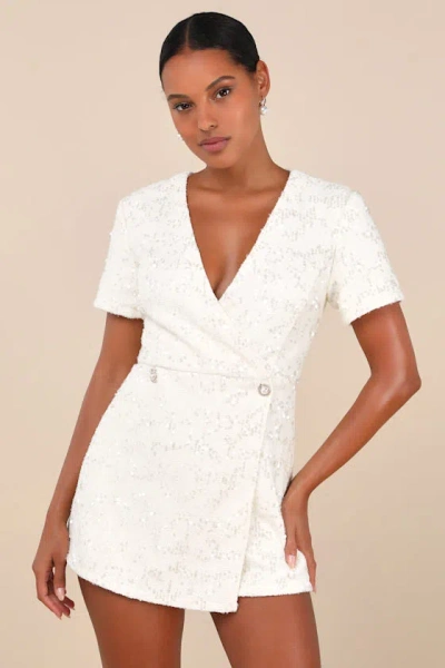 Lulus Glittering Charisma Cream Sequin Tweed Short Sleeve Skort Romper In White