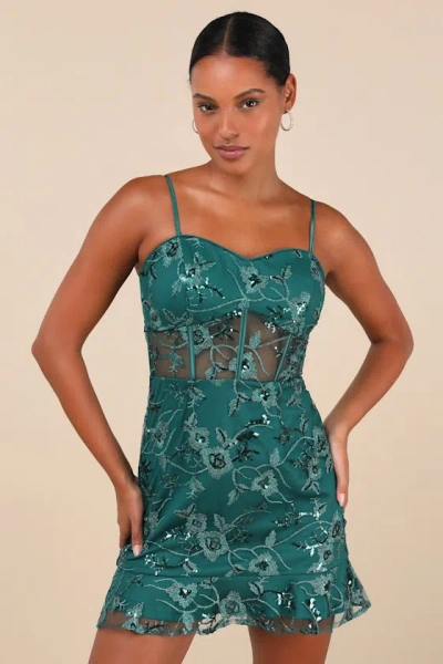 Lulus Glittering Delight Emerald Mesh Sequin Embroidered Mini Dress In Green