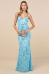 Lulus Glittering Excellence Aqua Blue Sequin Lace-up Maxi Dress In Blue