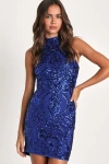 Lulus Glittering Glamour Royal Blue Sequin Mock Neck Mini Dress In Royal Blue
