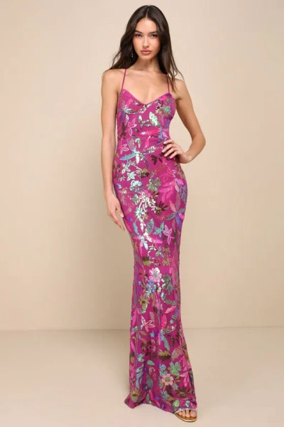 Lulus Glittering Icon Magenta Iridescent Sequin Lace-up Maxi Dress