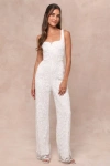 Lulus Glittering Influence White Mesh Beaded Lace-up Sequin Jumpsuit In White