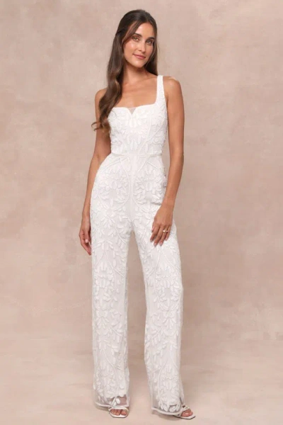 Lulus Glittering Influence White Mesh Beaded Lace-up Sequin Jumpsuit