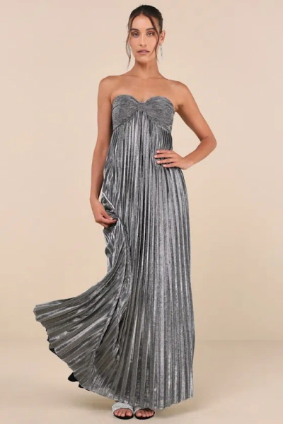 Lulus Glittering Luxury Silver Lurex Pleated Strapless Maxi Dress