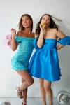Lulus Glittering Nights Aqua Blue Sequin Off-the-shoulder Mini Dress In Blue