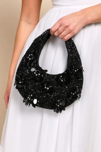 Lulus Glittering Outing Black Paillette Sequin Rhinestone Handbag