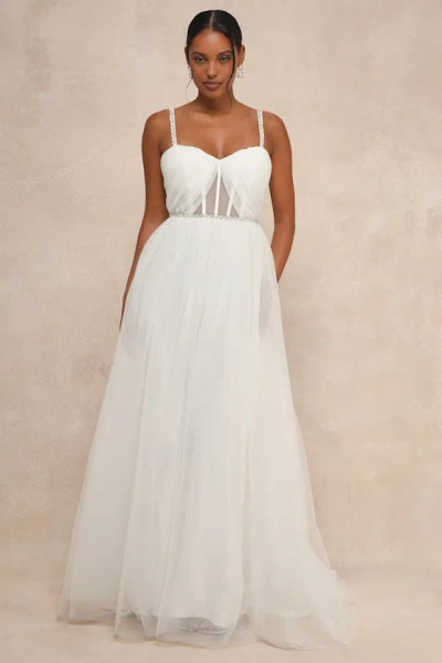 Lulus Glittering Romance White Rhinestone Tulle Bustier Maxi Dress