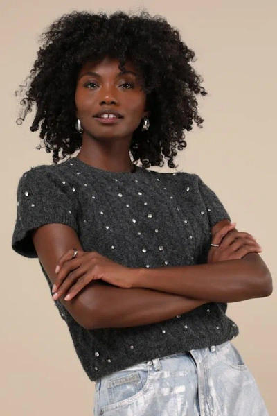 Lulus Glittering Warmth Charcoal Grey Rhinestone Short Sleeve Sweater