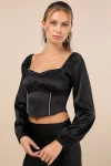 Lulus Glitteringly Gorgeous Black Rhinestone Cropped Long Sleeve Top In Black