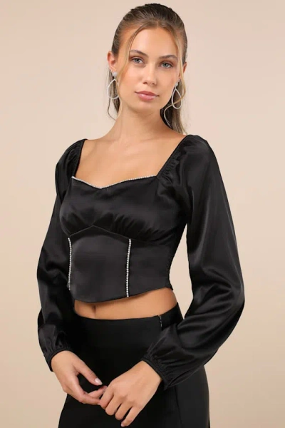 Lulus Glitteringly Gorgeous Black Rhinestone Cropped Long Sleeve Top