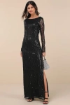 Lulus Glittery Devotion Black Sequin Fringe Maxi Dress In Black