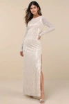 Lulus Glittery Devotion Champagne Sequin Fringe Maxi Dress In Champagne
