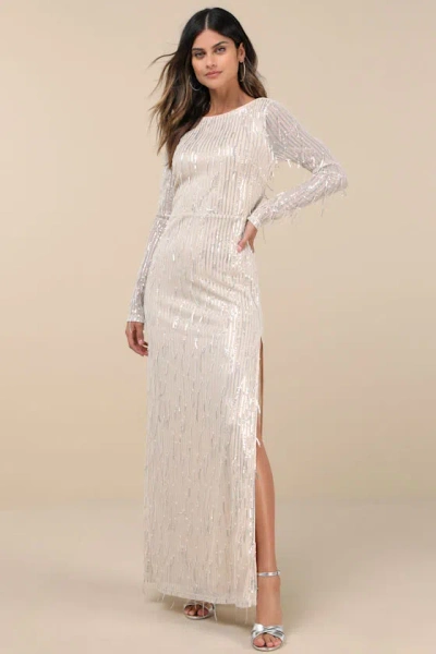 Lulus Glittery Devotion Champagne Sequin Fringe Maxi Dress