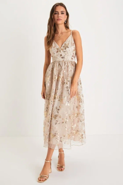 Lulus Glittery Glamour Gold Floral Embroidered Sequin Midi Dress