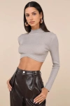 Lulus Glittery Scene Taupe Ribbed Lurex Mock Neck Long Sleeve Crop Top In Taupe