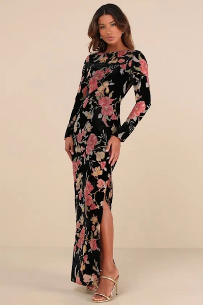 Lulus Glorious Aura Black Velvet Floral Burnout Long Sleeve Maxi Dress