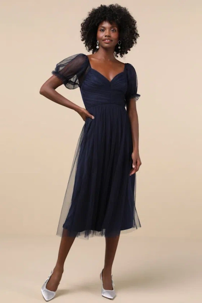 Lulus Glorious Chicness Navy Tulle Pleated Puff Sleeve Midi Dress