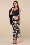 Lulus Glorious Energy Black Floral Print Satin High-rise Maxi Skirt In Black