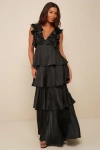 Lulus Glorious Essence Black Satin Ruffled Tiered Tie-back Maxi Dress In Black