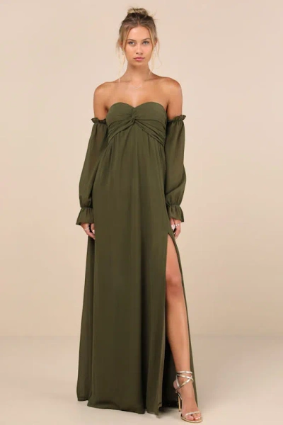 Lulus Glorious Invite Olive Green Knotted Off-the-shoulder Maxi Dress