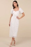 Lulus Glorious Poise Ivory Sequin Pearl Puff Sleeve Midi Dress In Ivory