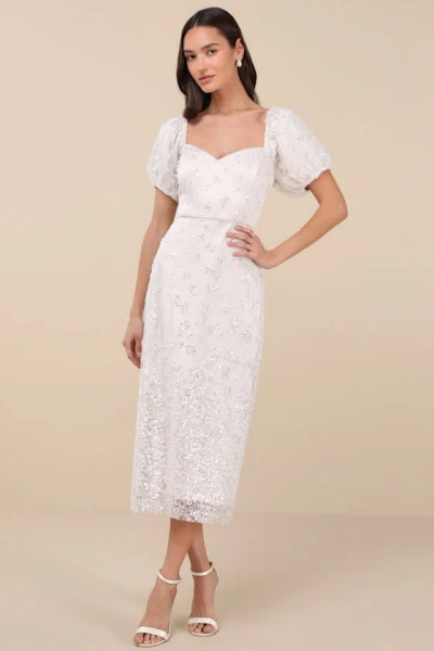 Lulus Glorious Poise Ivory Sequin Pearl Puff Sleeve Midi Dress