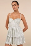 Lulus Glorious Shine Champagne Metallic Pearl Tiered Mini Dress In Champagne