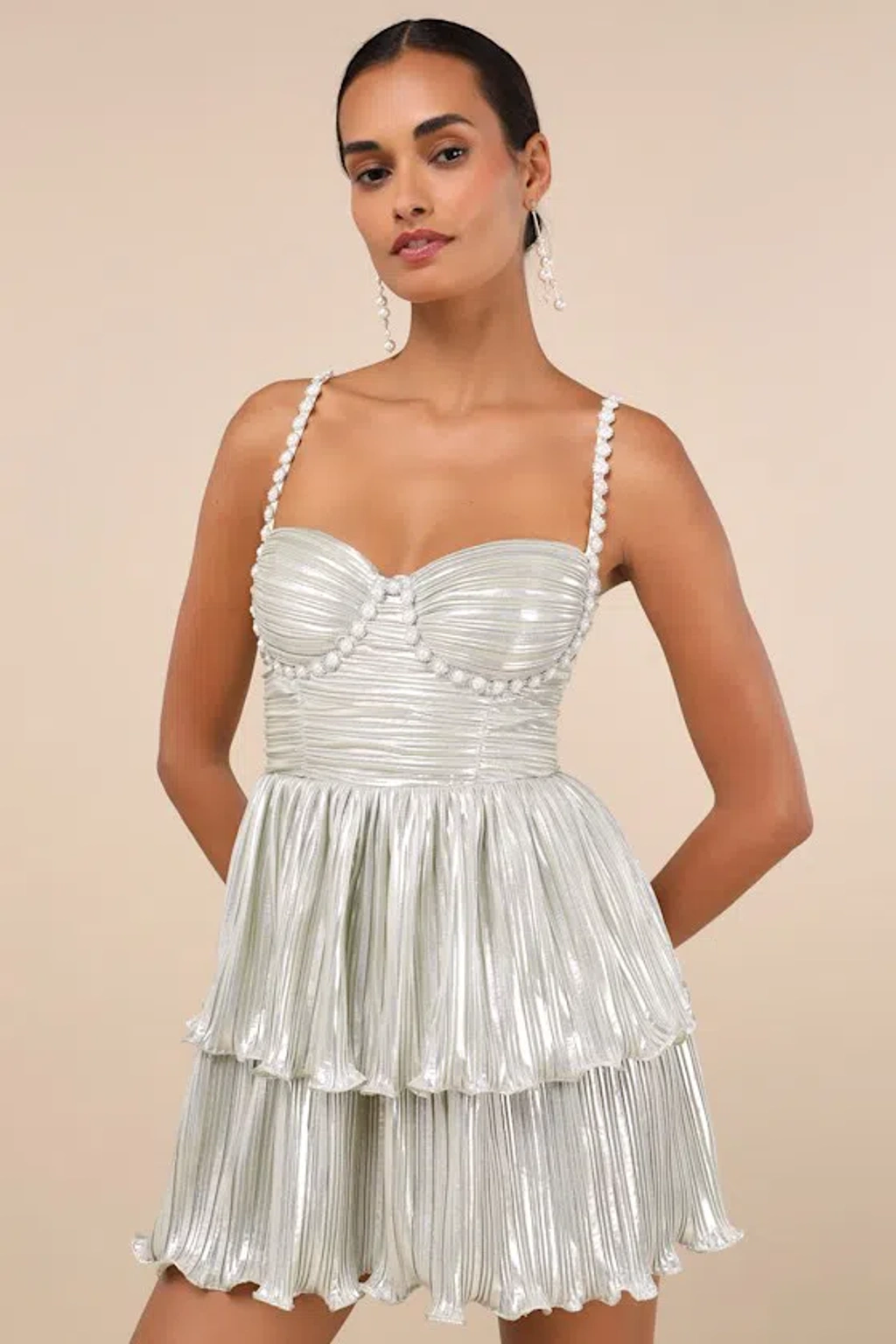 Lulus Glorious Shine Champagne Metallic Pearl Tiered Mini Dress | ModeSens