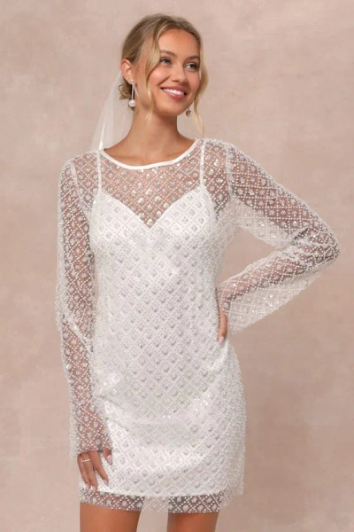 Lulus Glowing Charisma White Sequin Pearl Mesh Long Sleeve Mini Dress
