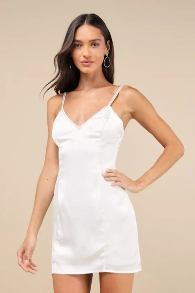 Lulus Glowing Intuition White Satin Rhinestone Bow Mini Dress