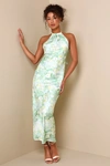 Lulus Glowing Presence Light Green Floral Satin Halter Maxi Dress In Green
