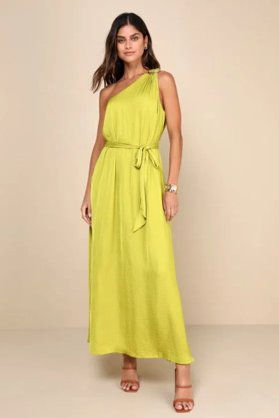 Lulus Goddess Aura Chartreuse Satin One-shoulder Maxi Dress In Green