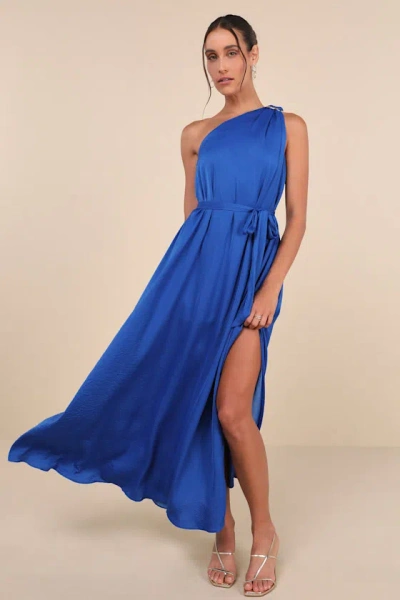 Lulus Goddess Aura Cobalt Blue Satin One-shoulder Maxi Dress