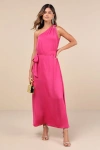 Lulus Goddess Aura Fuchsia Satin One-shoulder Maxi Dress In Fuchsia